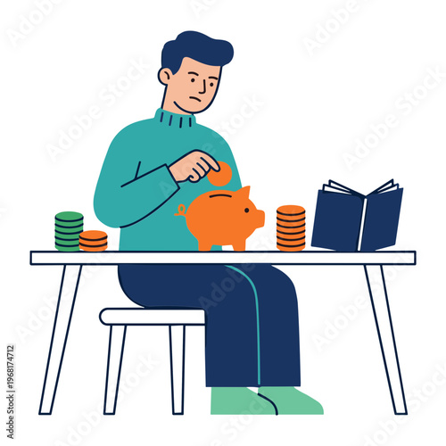 A man inserts a coin into a piggy bank at a table with stacks of coins and an open book.