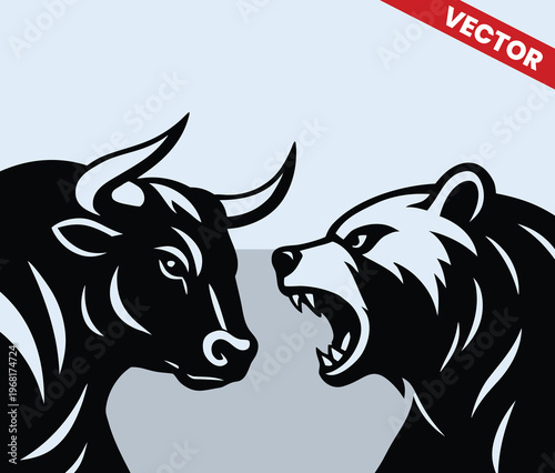 Dynamic Bull and Roaring Bear Vector Illustration, High Contrast Stock Market Battle Concept, Financial Trading Volatility Symbol, Aggressive Bullish vs Bearish Trend Graphic Art