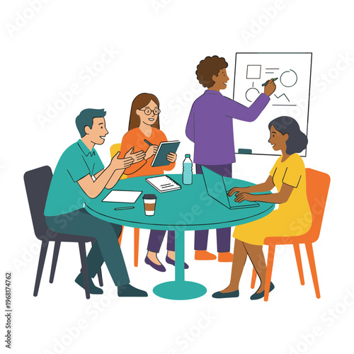 People sitting around a table in a meeting with a presentation