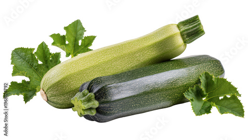 Vibrant green and dark zucchini vegetables with fresh leafy stems, isolated on transparent background for healthy recipes and culinary designs
