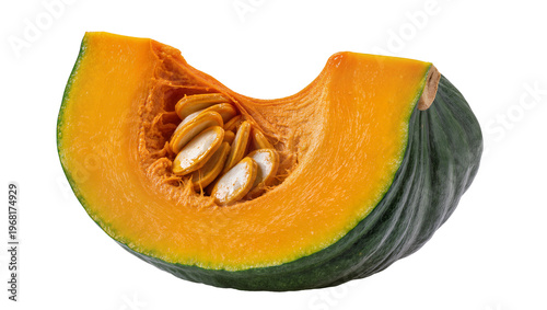 Dark green kabocha squash cut in half revealing vibrant orange flesh and numerous yellow seeds, isolated on transparent background for culinary designs