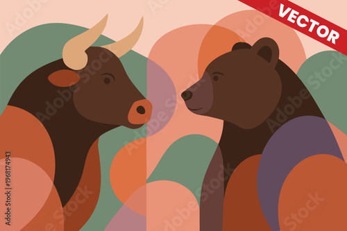 Profile View of Bull and Bear Icons with Overlapping Transparent Shapes for Modern Financial Branding Stock Market Volatility and Global Economy Trading Concept Vector Design