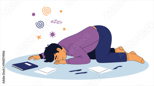 Cartoon Vector Illustration of a Fainting Boy – Sick Young Man Losing Consciousness, Lying on Floor with Scattered Items on White Background