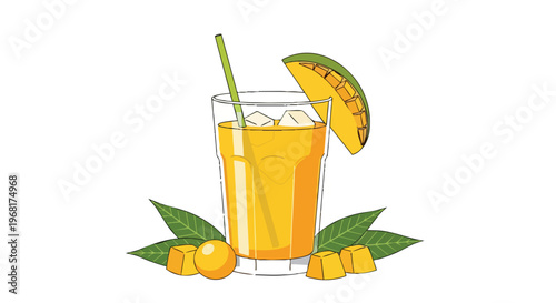 Vibrant tropical mango juice in a glass with ice a green straw a mango slice fresh leaves and diced mango pieces an illustration depicting a