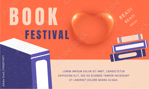 Book fair, book festival or book sale horizontal banner with books illustration, shiny heart and text. Vector template