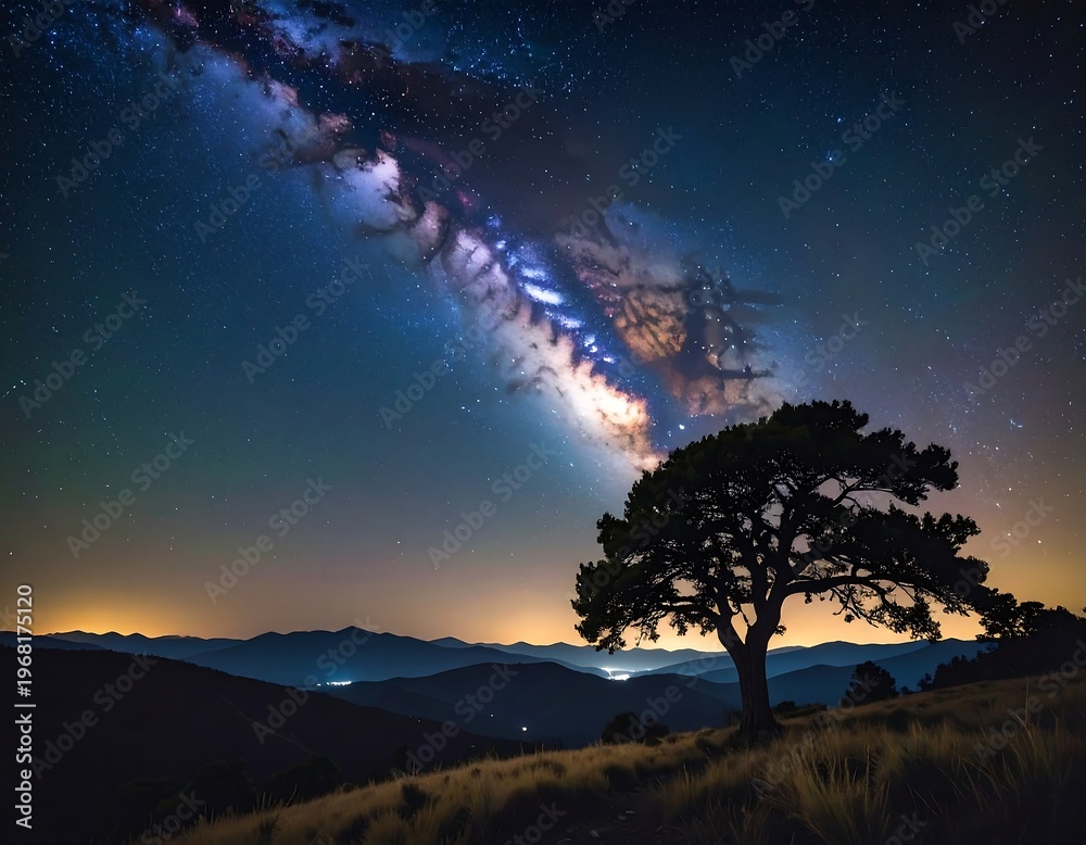 Fototapeta premium Milky Way Galaxy Over Tree Landscape.