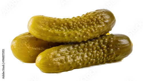 Three shiny green dill pickles stacked closely displaying bumpy texture and briny glaze, isolated on transparent background for food advertising