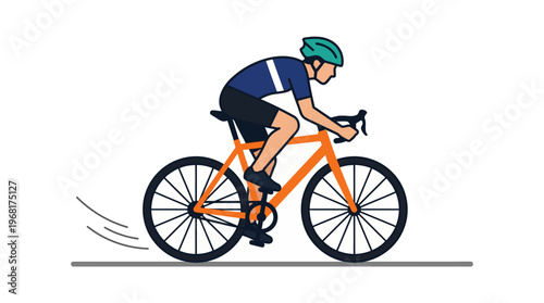 Clean flat vector illustration of a male road cyclist riding an orange racing bicycle with teal helmet on white background