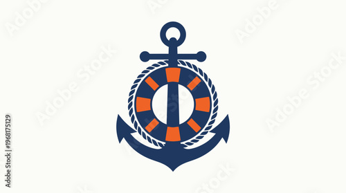 Minimalist flat vector illustration of a nautical anchor with life preserver ring and rope on light background