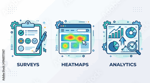 Flat vector icon set of digital feedback mechanisms including surveys, heatmaps, and analytics for UX and data research