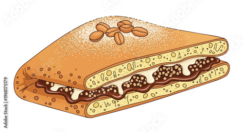 Illustration of sweet folded pancake with rich chocolate, crunchy peanuts, and delicate powdered sugar, a delightful dessert perfect for various