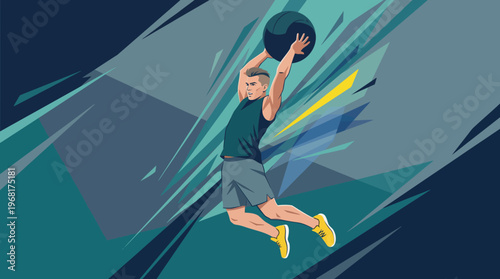 Dynamic vector illustration of a male athlete performing a medicine ball slam workout with abstract motion effects