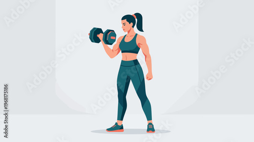 Minimalist flat vector illustration of a strong athletic woman doing a dumbbell curl in teal sportswear on light background