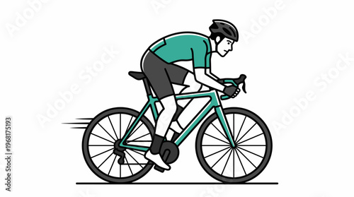 Minimalist line art illustration of a male road cyclist riding a racing bicycle at speed on white background