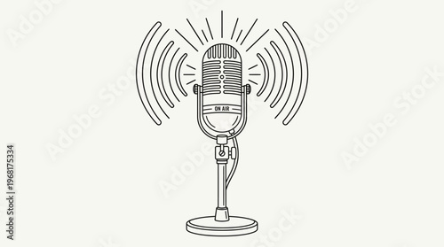 Vintage microphone line art icon with sound waves and stars isolated on white background