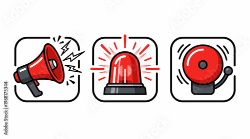 Bold vector icon set for breaking news and emergency alerts featuring megaphone siren and alarm bell