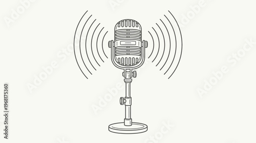 Vintage microphone on stand with sound waves line art vector illustration