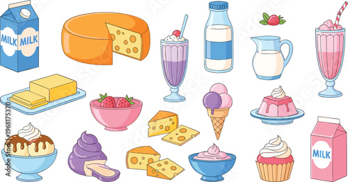 Dairy Products and Desserts Set with Milk, Cheese and Ice Cream, Sweet Food Illustration Collection
