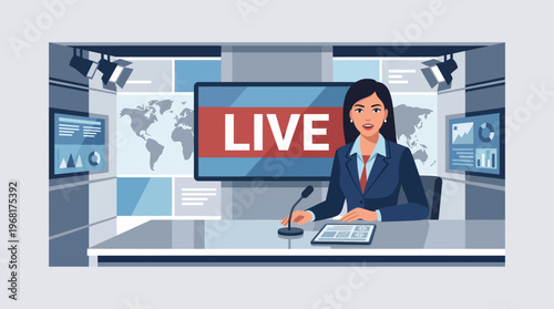 Flat design vector illustration of a professional female news anchor broadcasting live from a modern television studio