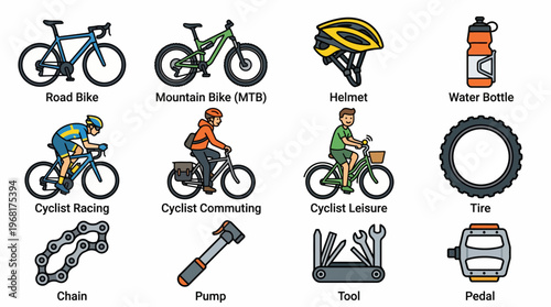 Comprehensive cycling icon set with labels featuring road and mountain bikes cyclist activities and essential repair tools