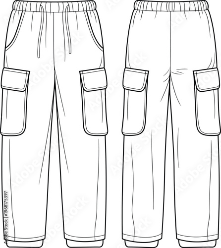 Technical fashion drawing of cargo pants front and back views with elastic waistband, drawstring, flap pockets, and banded cuffs design