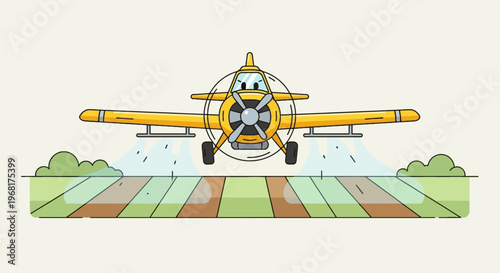 A cartoon-style yellow crop duster spraying a field with the pilot visible in the cockpit