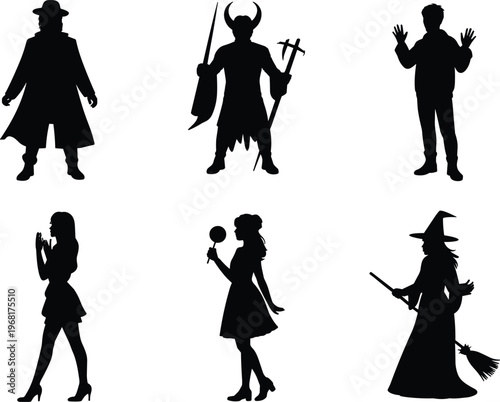 halloween, silhouettes, characters, witch, devil, vampire, spooky, costume, people, horror, fantasy, scary, set, isolated, white, background, black, collection, celebration, theme
