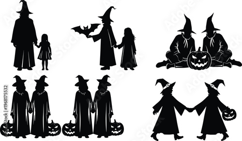 halloween, silhouettes, witch, children, pumpkin, spooky, costume, trick, or, treat, horror, fantasy, people, celebration, scary, isolated, white, background, black, set