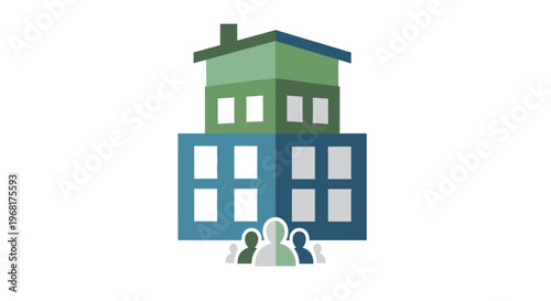 Stylized Building with People Icons Representing Community.