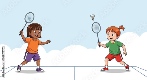 Two children playing badminton outdoors on a court.