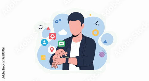 A modern man checks his smartwatch while interacting with various social media icons floating around him in a digital illustration.