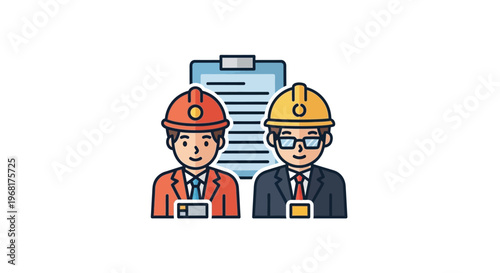 Two Engineers in Hard Hats Standing Next to a Clipboard.