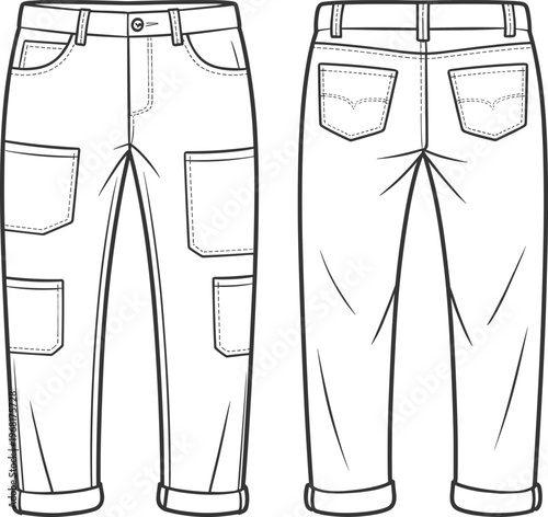 Technical fashion illustration of cargo pants front and back views with button and zipper closure, belt loops, flap pockets, and cuffed legs