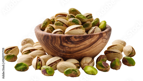 Quadro em tela Rustic wooden bowl overflowing with vibrant green pistachios and scattered kerne