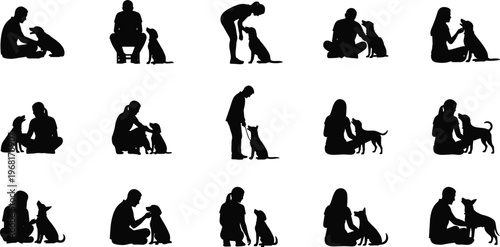 people, dog, silhouettes, pet, owner, interaction, love, care, friendship, bonding, training, playing, animals, human, relationship, isolated, white, background, black, set