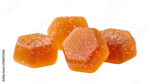 Orange gummy candies three irregularly shaped pieces coated with sparkling sugar crystals, isolated on transparent background for confectionery designs