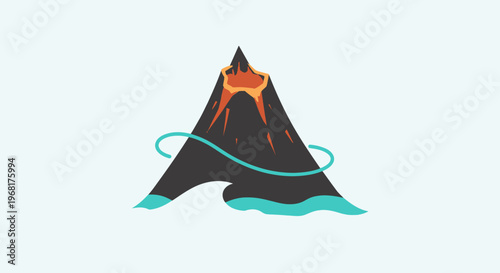 Stylized Volcano Erupting With Lava Flowing Into Ocean.