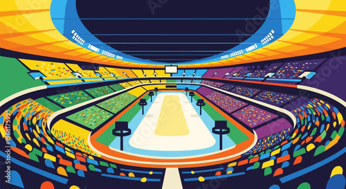 Vibrant Stadium Interior with Colorful Seating and Ice Rink.