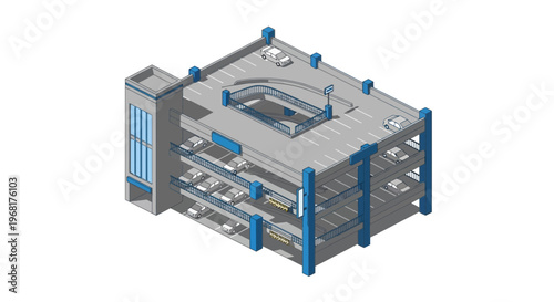 Isometric illustration of a multi-level parking garage with cars and a service tower
