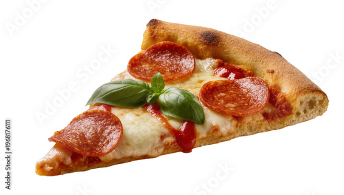 Savory pepperoni pizza slice with melted mozzarella fresh basil leaves and crispy crust, isolated on transparent background for menu designs
