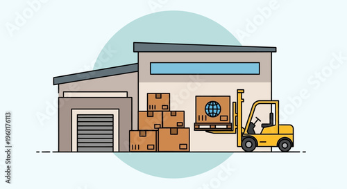 Warehouse exterior with forklift loading boxes for logistics.