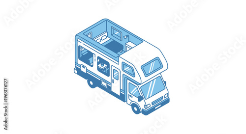 Isometric view of a motorhome with open top revealing the interior, blue and white design
