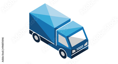 Isometric view of a blue delivery truck with geometric facets on a white background