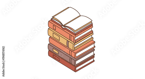 A stack of seven books, each with a different color, one open on top