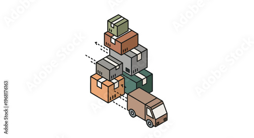 Isometric illustration shows a stack of boxes and a delivery van. Dotted lines indicate movement