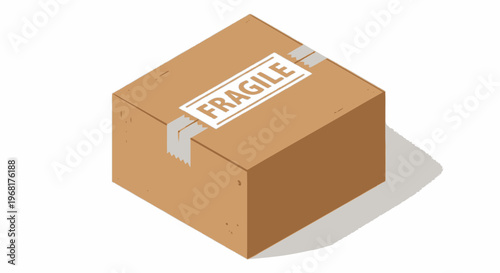 Isometric view of a brown cardboard box labeled "Fragile" with tape and a drop shadow