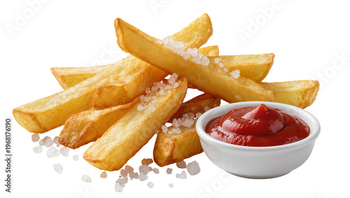 Konstfotografi Crispy golden french fries sprinkled with coarse salt accompanied by a small bow