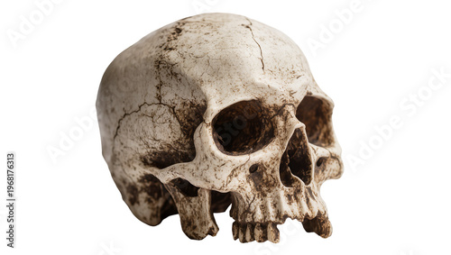 Foto Antique human skull with weathered bone texture and visible cracks, isolated on