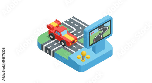 Isometric view of a toy race car on a stylized track integrated with an arcade console