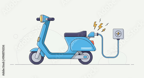 A blue electric scooter, plugged into a charging outlet, lightning bolts indicate power